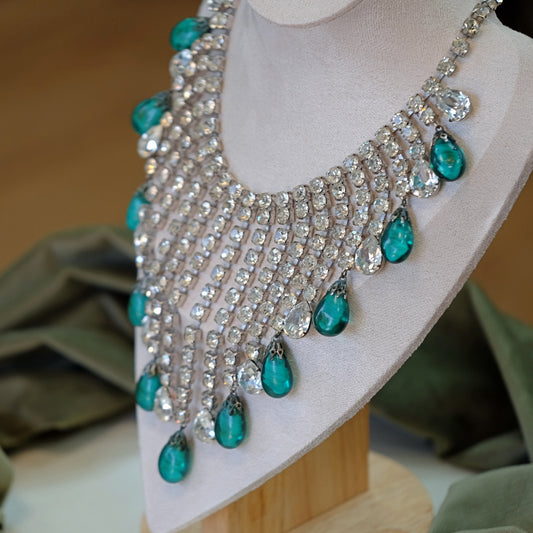 Mimi Di N Rhinestone and Green Glass Statement Necklace