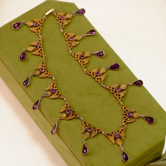 Art Nouveau Necklace with purple glass drops