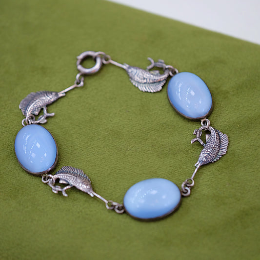 Sterling blue cab figural fish bracelet