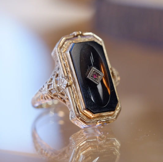 Rare Flip Cameo with Ruby and Onyx 14k Gold Filigree Ring 1800s