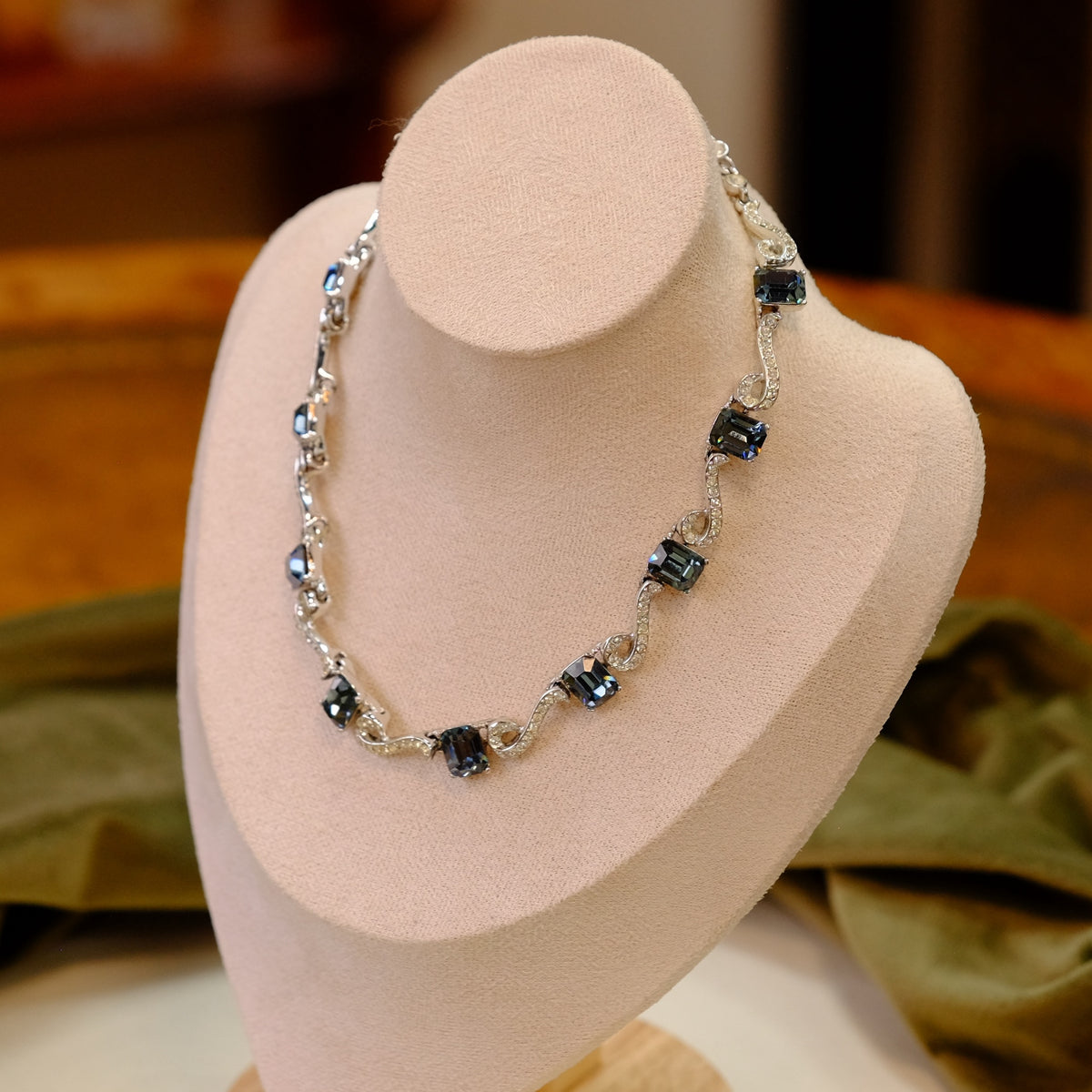 Vintage Kramer Blue Glass Rhinestone Necklace 1950s