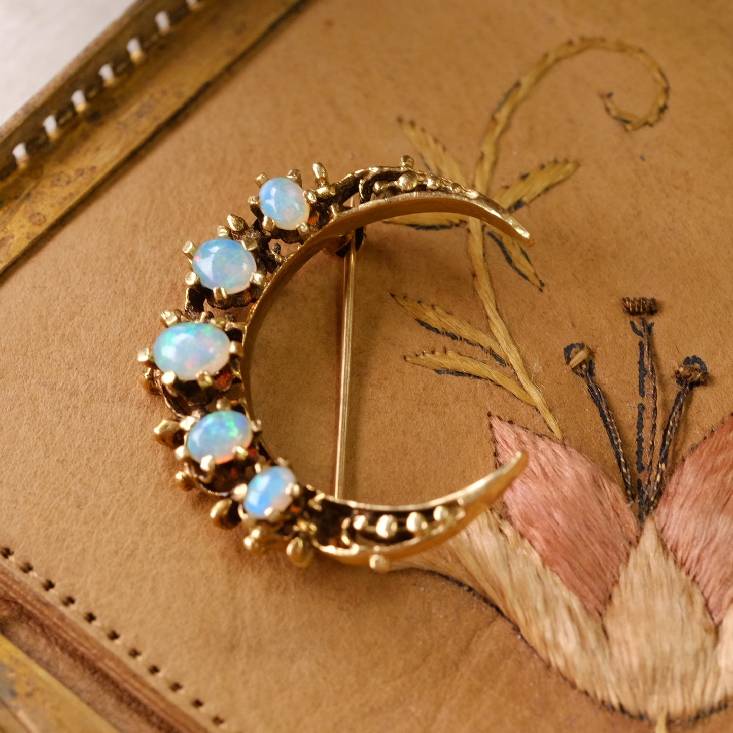 14K Gold Opal Crescent Brooch