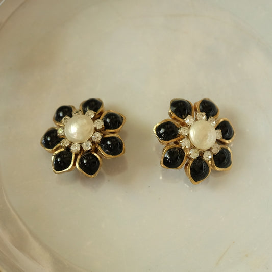 French Designer Black Gripoix Pearl Center Earrings 1990s