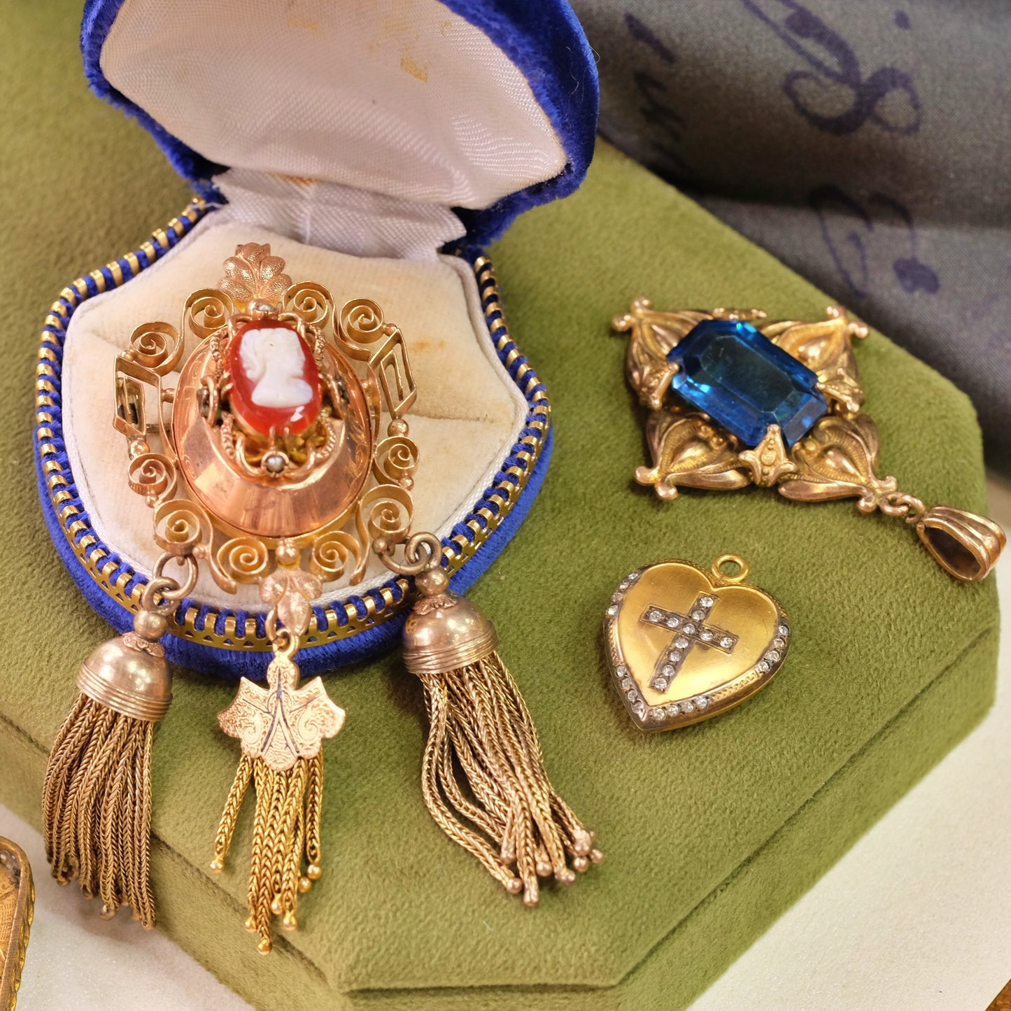 Victorian Gold Filled Cameo Brooch Pendant with Tassels