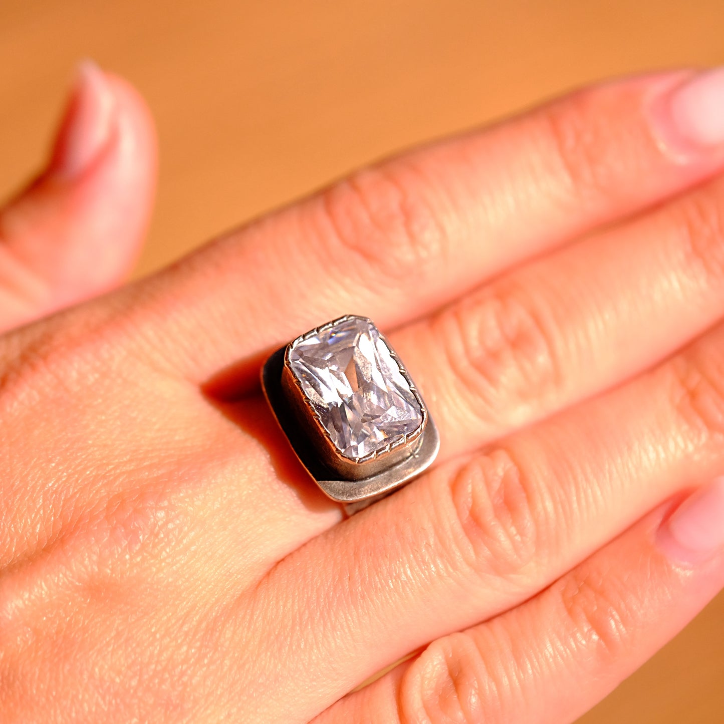 Clear Square Gem Silver Ring