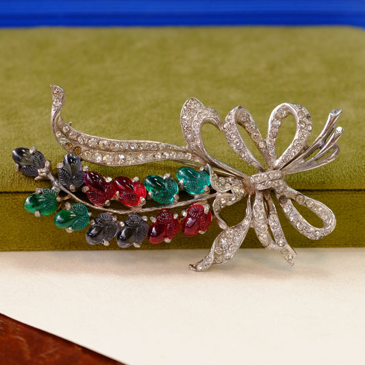 Fruit Salad Carved Glass Gemcolor Large Leaf Brooch 1930s