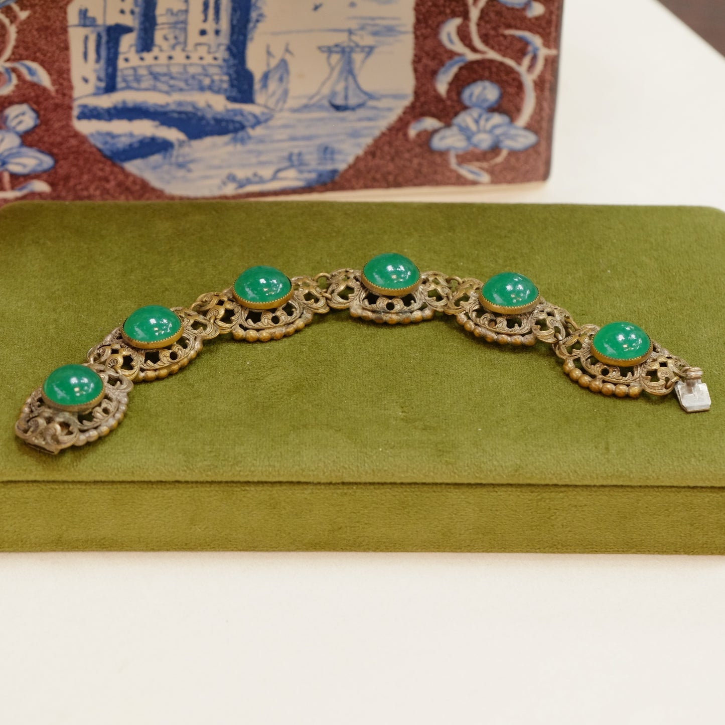 Antique Czech Filigree Faux Jade Bracelet 1930s