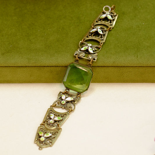 Art Nouveau Czech Bracelet with Green Glass