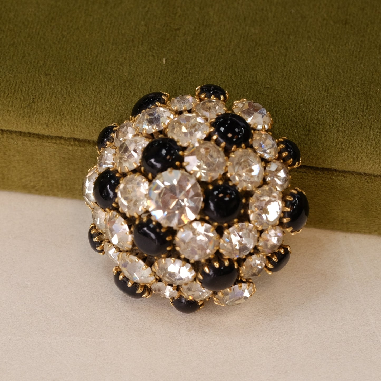Vintage Dome Black and White Crystal Brooch 1960s