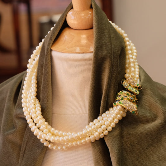 Designer Faux Pearl Snake Enamel Clasp Necklace 1980s