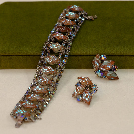 Vintage Sapphiret Glass Bracelet and Earrings Set 1950s