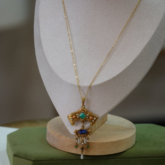 ART Gold tone Necklace Ornate Pendant 1970s
