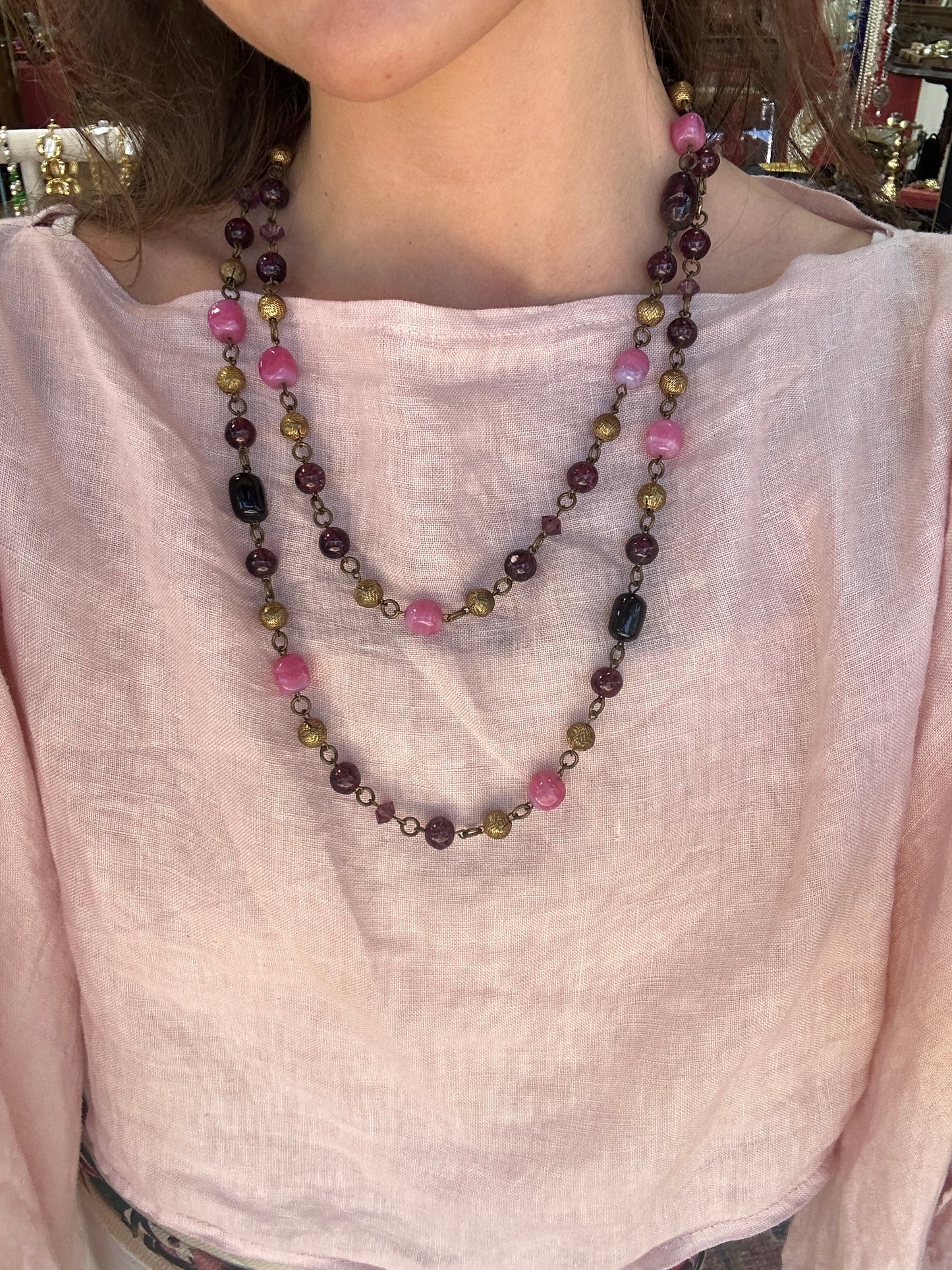 Vintage Glass Beads Long Sotuar Necklace