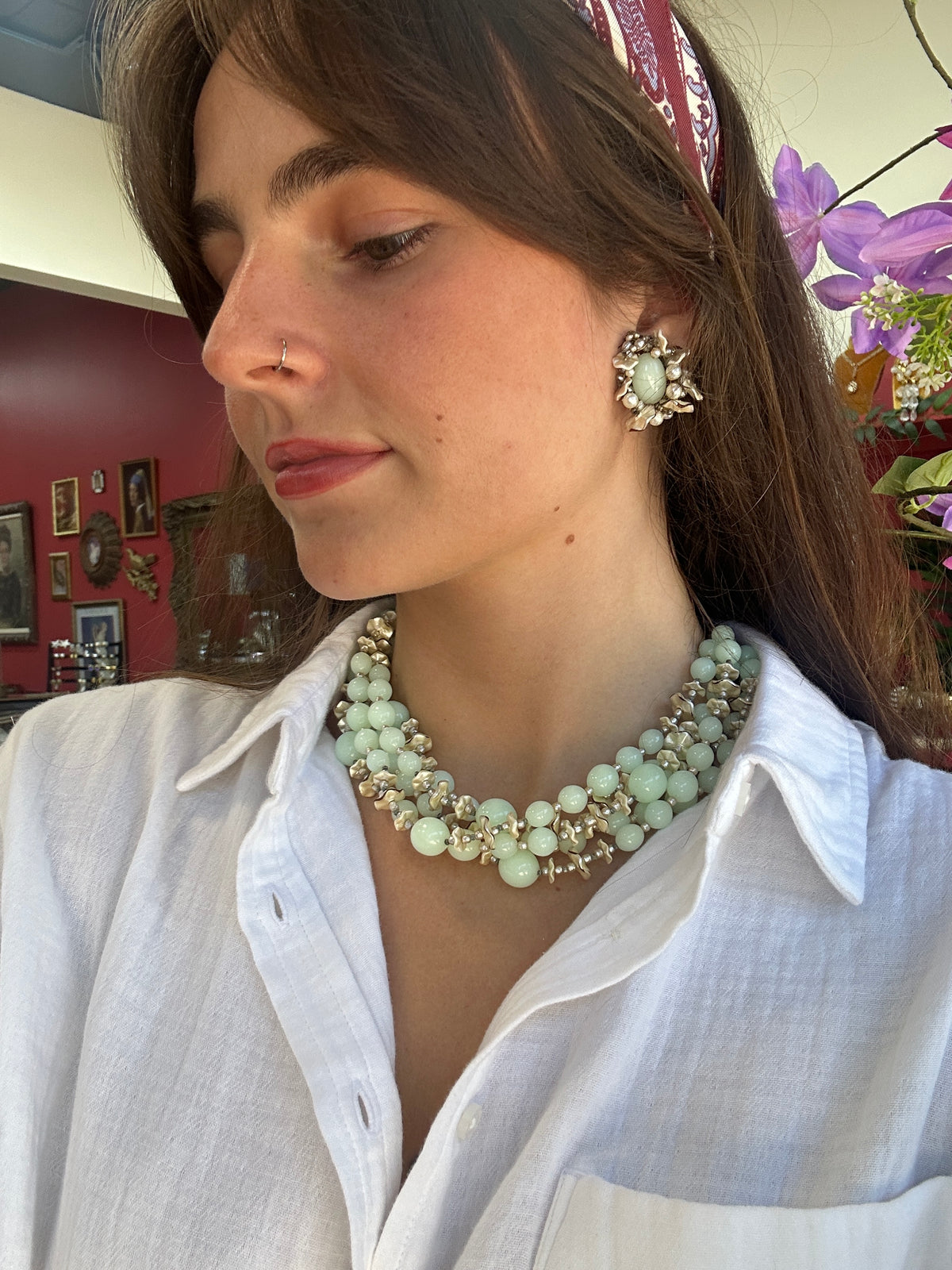 Miriam Haskell Necklace and Earrings Collectible Soft Lime Glass Set 1950s