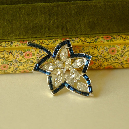 Vintage Blue Baguette and Rhinestones Leaf Pin