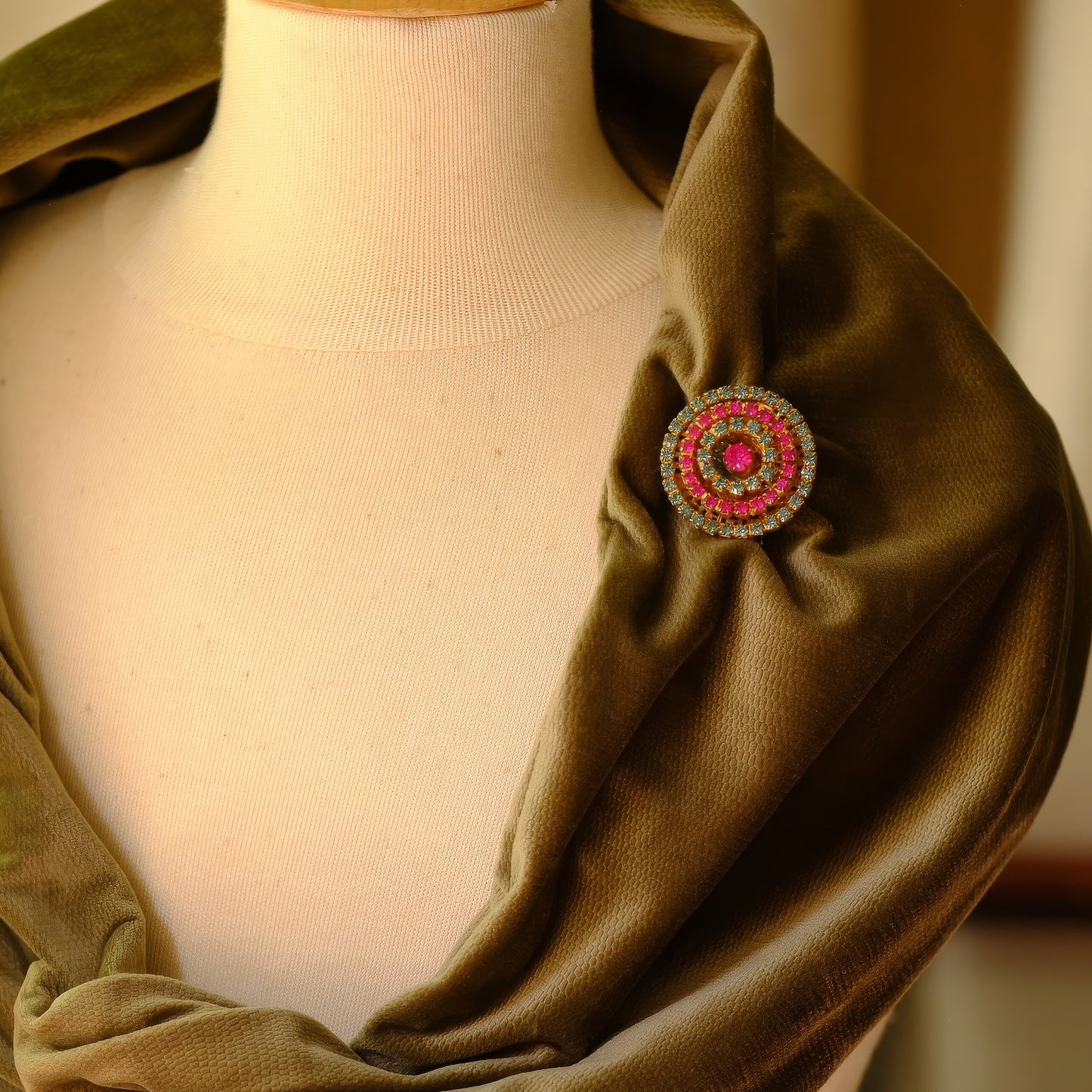 Vintage French Round Pink and Blue Brooch with Trombone Clasp 1950s