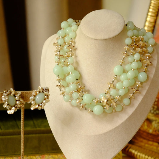 Miriam Haskell Necklace and Earrings Collectible Soft Lime Glass Set 1950s