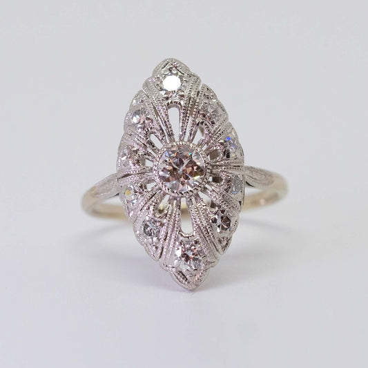 Antique Platinum and 14k Gold Filigree Diamond Ring