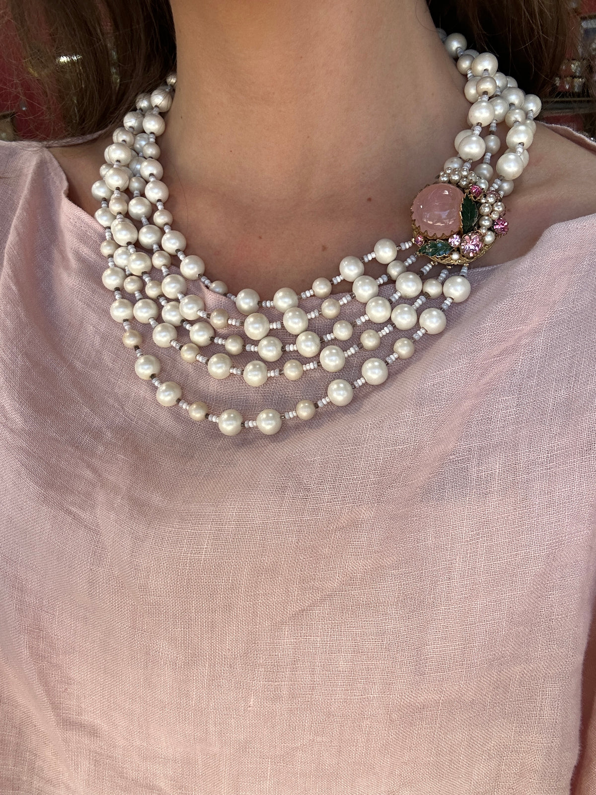Miriam Haskell 5 strand matte pearls with large pink clasp necklace 1960s