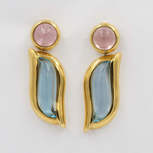Vintage 18K Gold Pink Quartz and Blue Topaz Pierced Earrings