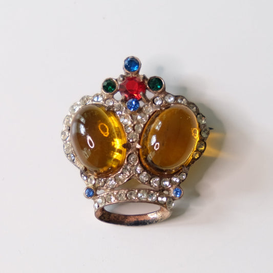 Amber Glass Cabochon Sterling Crown Pin 1940's