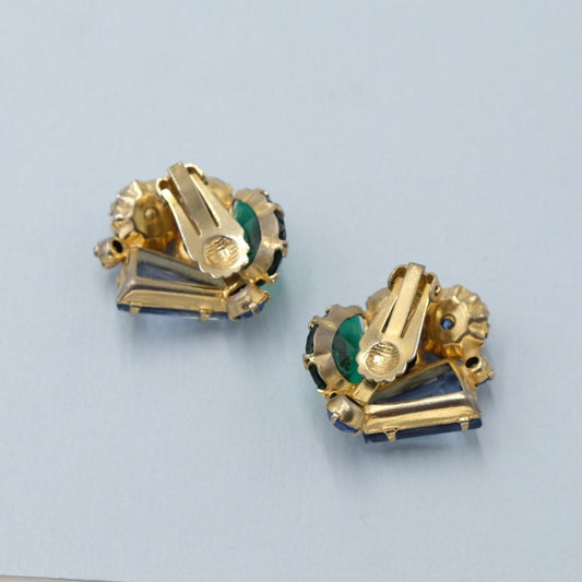 Vintage Rhinestone Blue Green Earrings 1950s