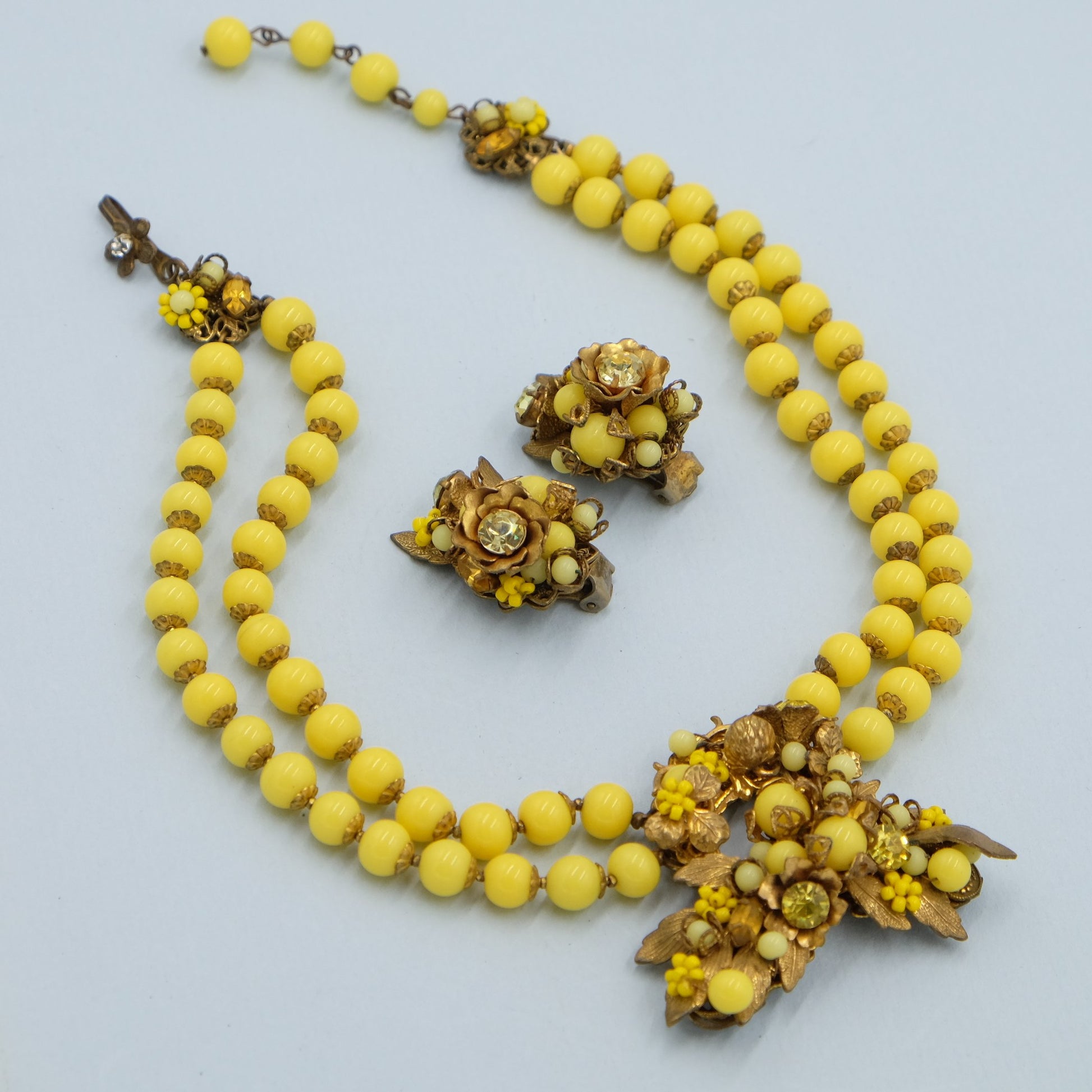 DeMario Yellow Glass Set Necklace and Earrings 1950's