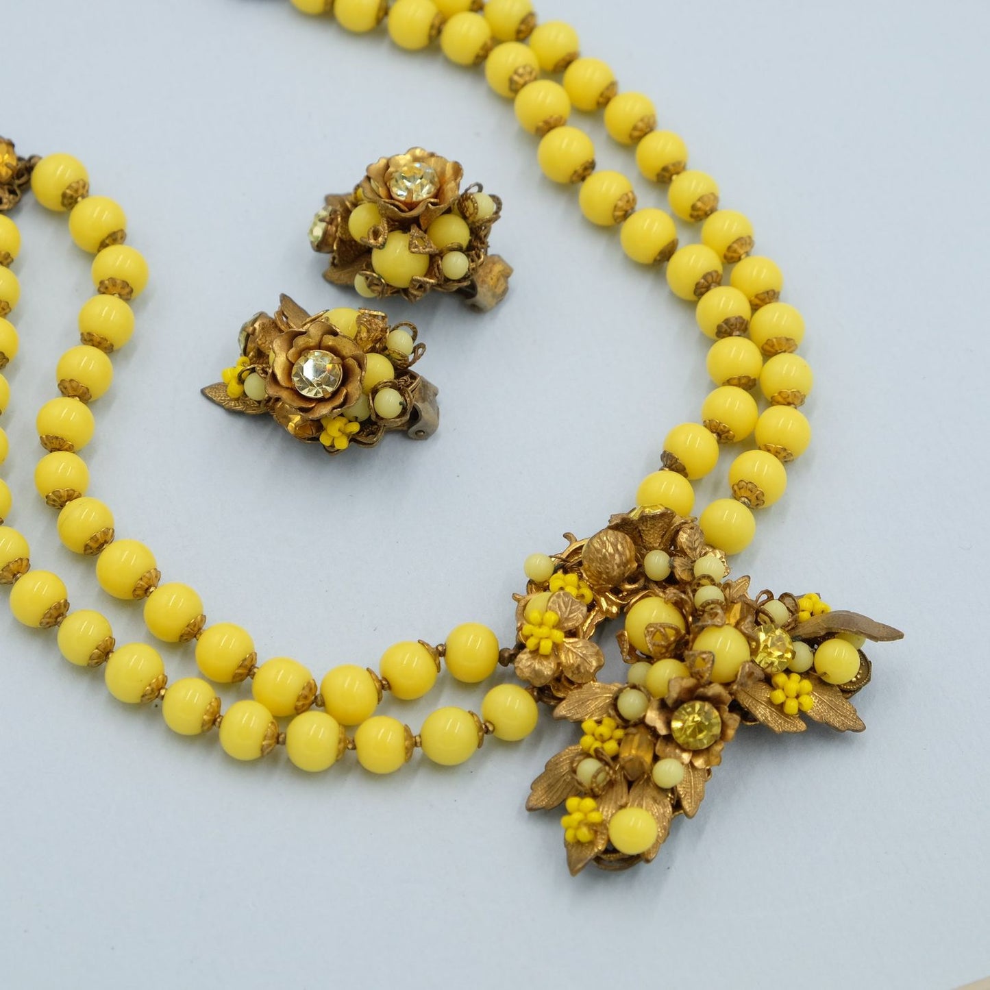 DeMario Yellow Glass Set Necklace and Earrings 1950s