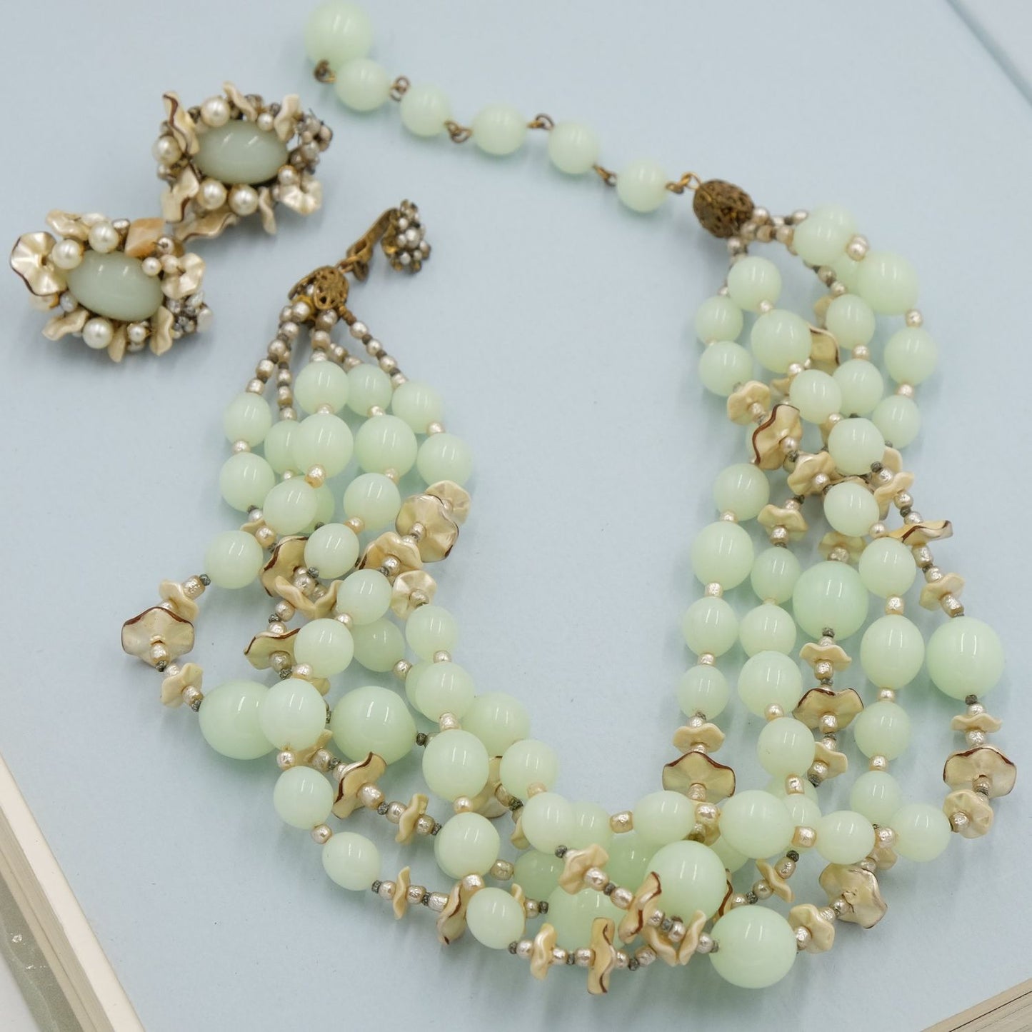 Miriam Haskell Necklace and Earrings Collectible Soft Lime Glass Set 1950s