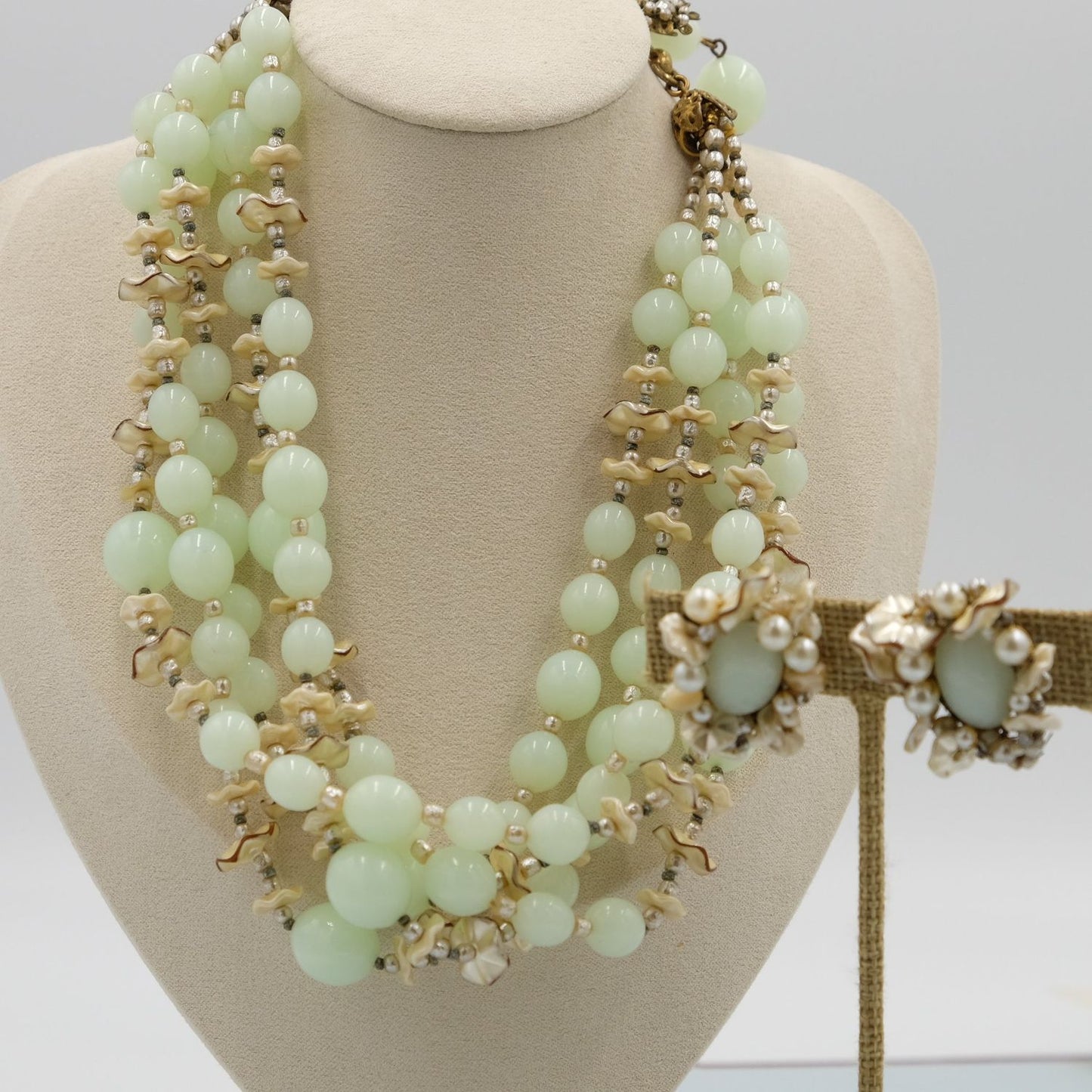 Miriam Haskell Necklace and Earrings Collectible Soft Lime Glass Set 1950s