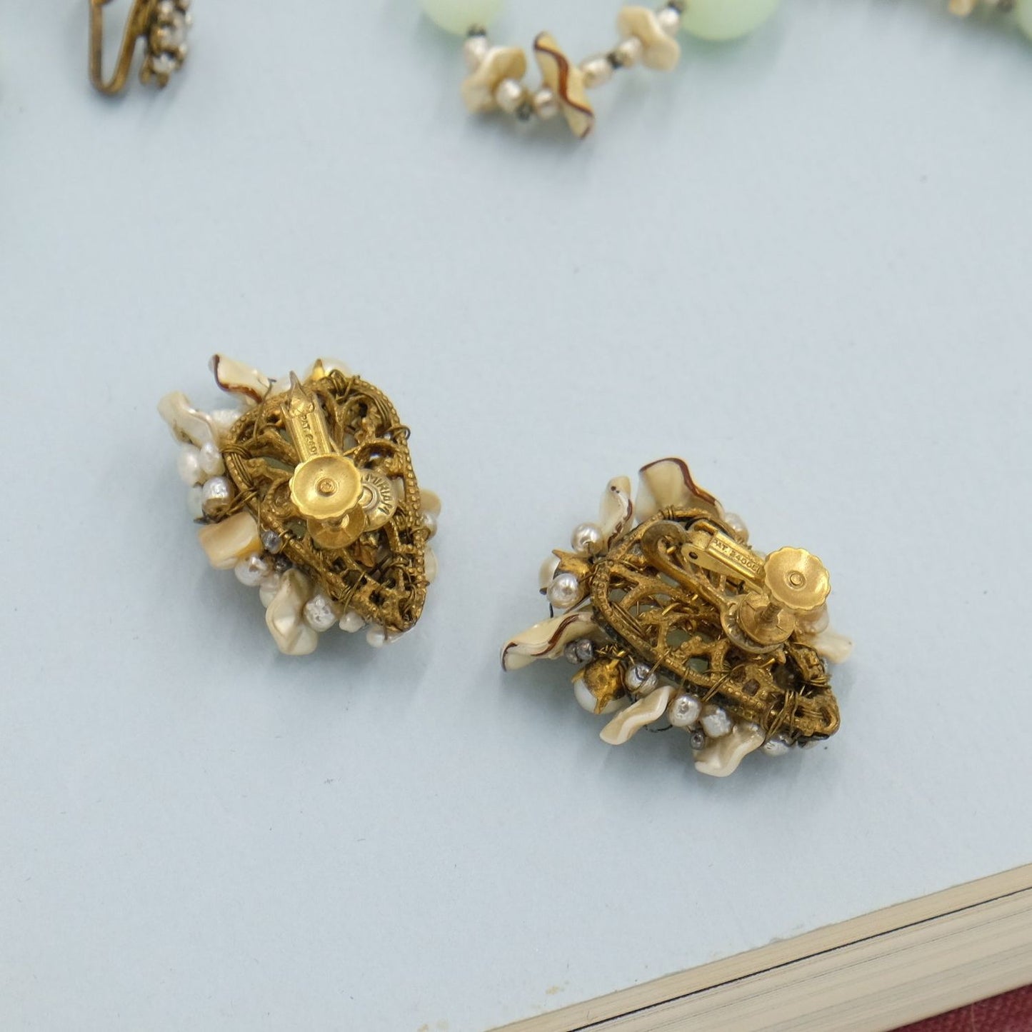 Miriam Haskell Necklace and Earrings Collectible Soft Lime Glass Set 1950s