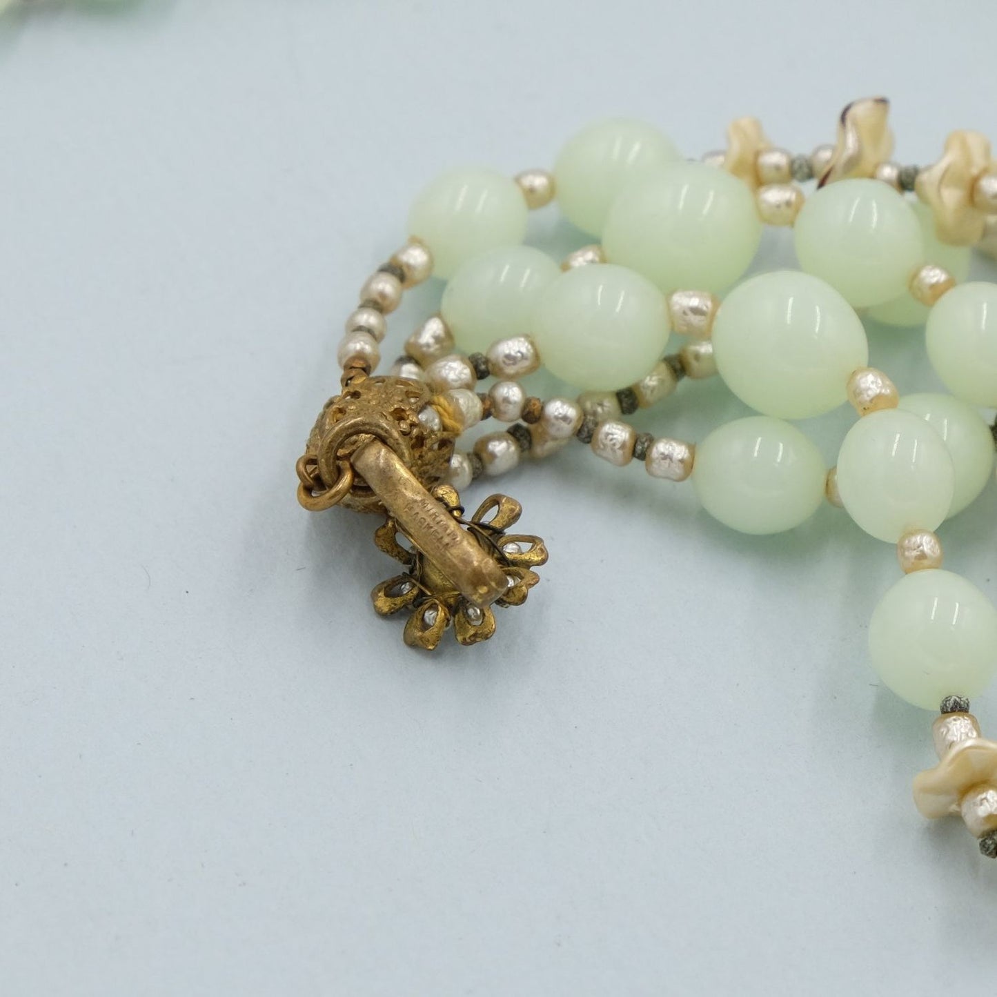 Miriam Haskell Necklace and Earrings Collectible Soft Lime Glass Set 1950s