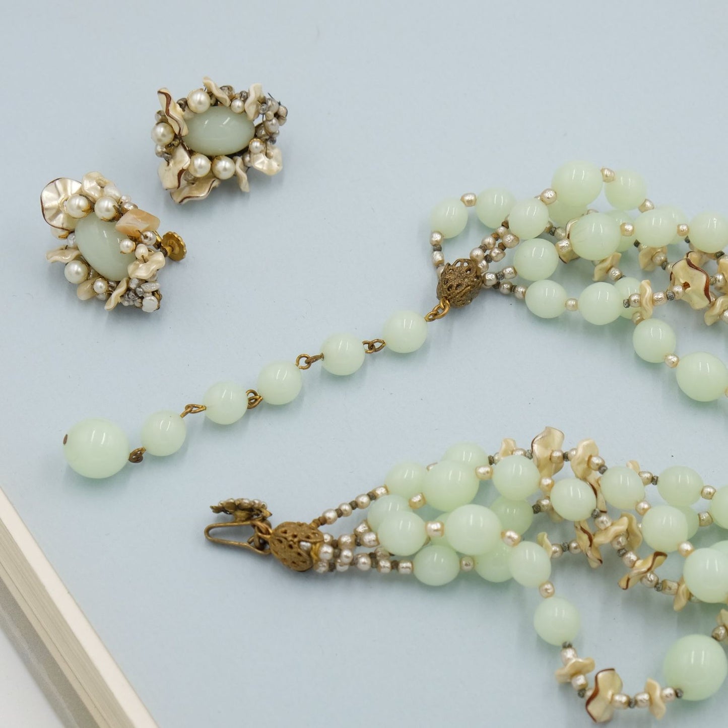 Miriam Haskell Necklace and Earrings Collectible Soft Lime Glass Set 1950s
