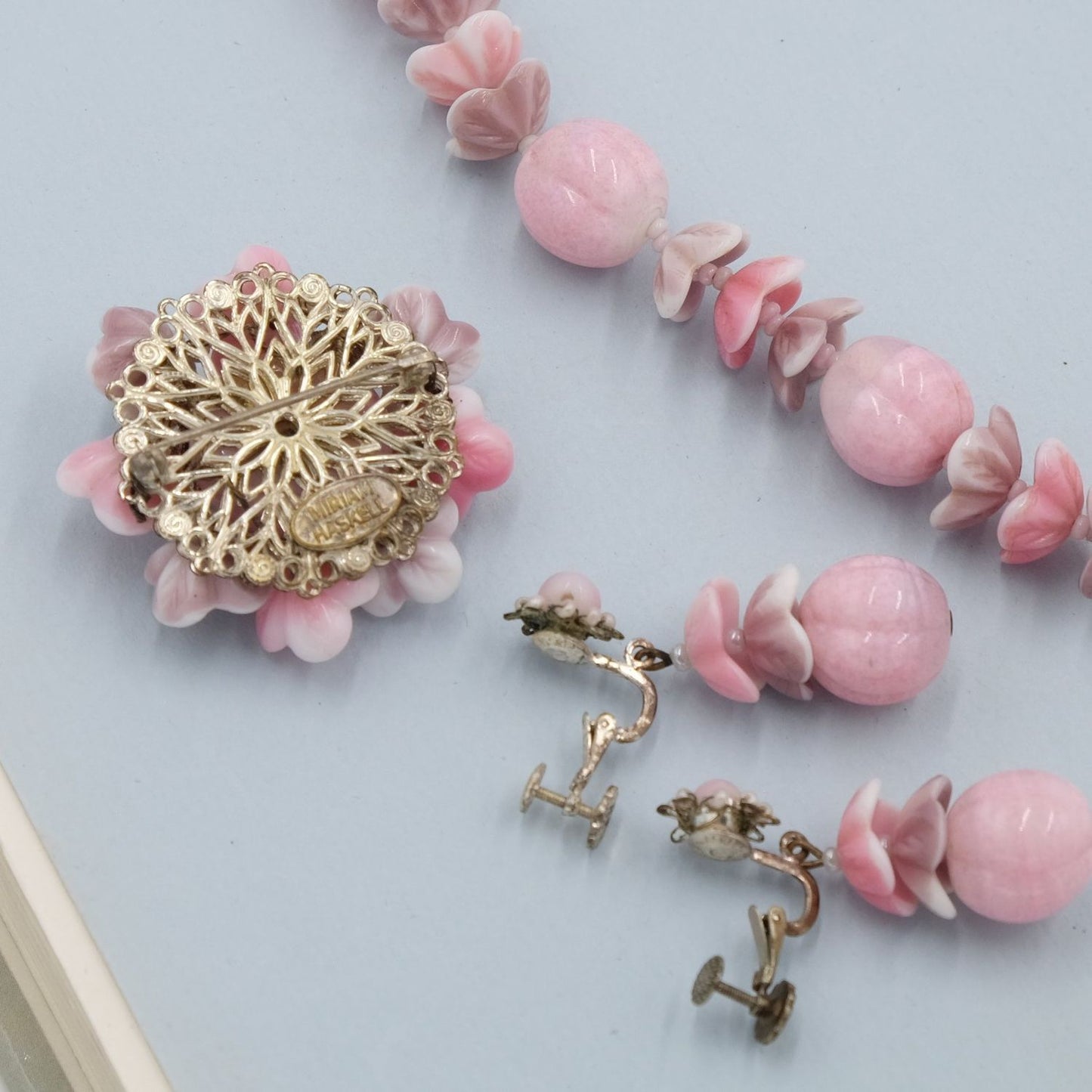 Miriam Haskell Pink Glass 3pc Set 1950s