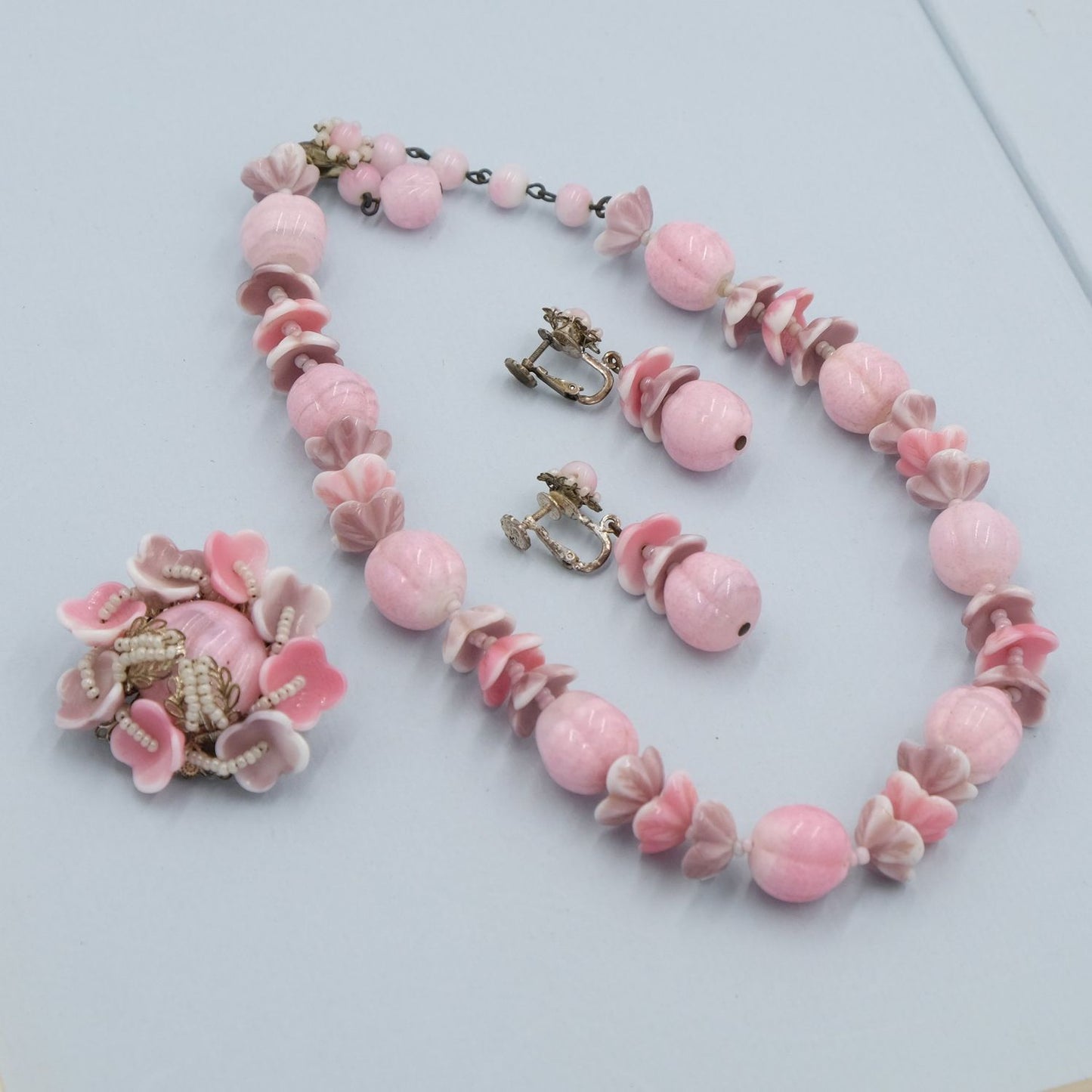 Miriam Haskell Pink Glass 3pc Set 1950s