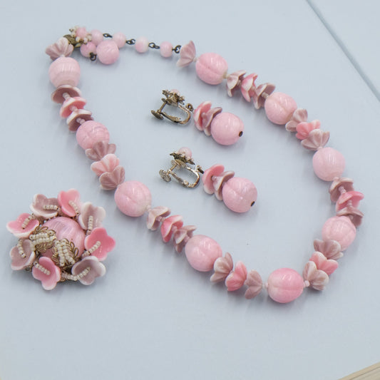 Miriam Haskell Pink Glass 3pc Set 1950's