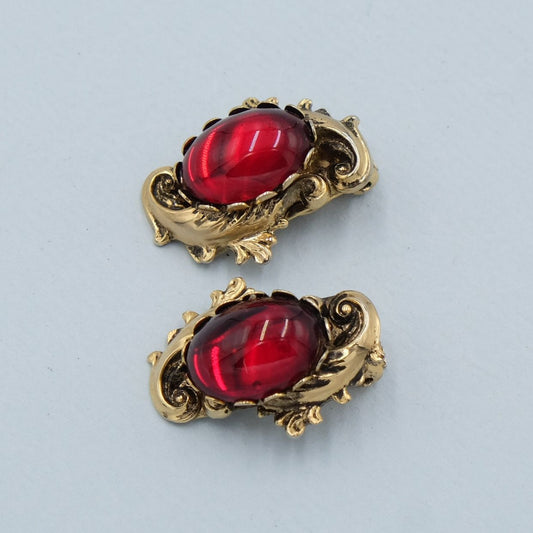 Vintage Red Glass Cabochon Baroque Earrings 1980s
