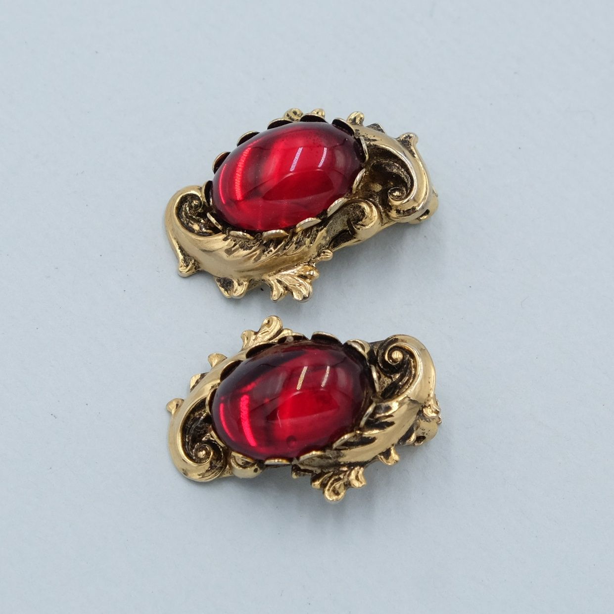 Vintage Red Glass Cabochon Baroque Earrings 1980s