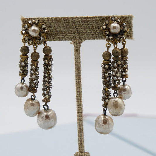 Miriam Haskell Graduate Length Rose Mantee 3 dangle pearls 1950s