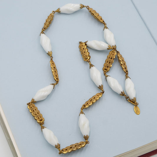 Miriam Haskell White glass long necklace gold filigree 1960s