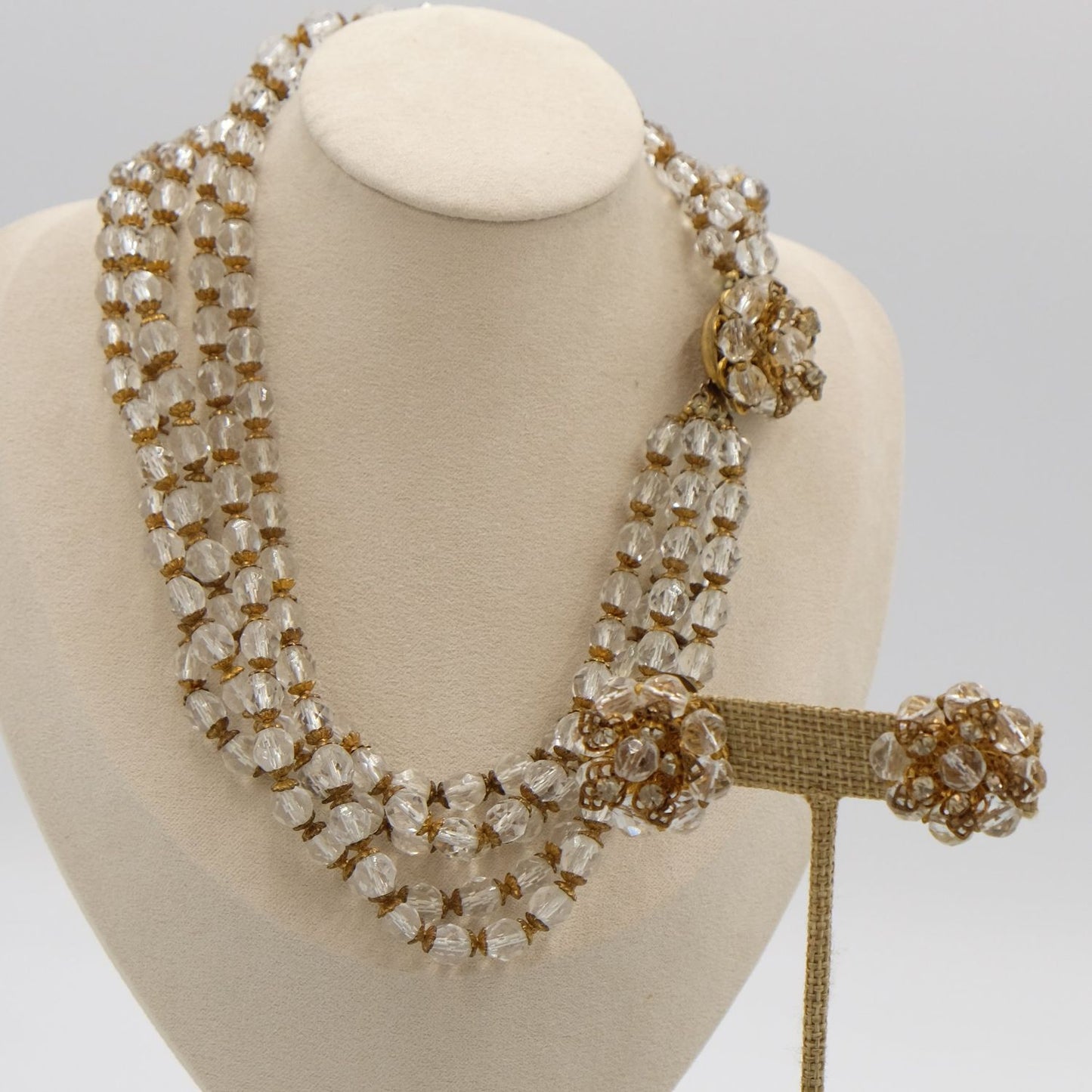 DeMario Multi-strand Clear Necklace and Earrings set 1950s
