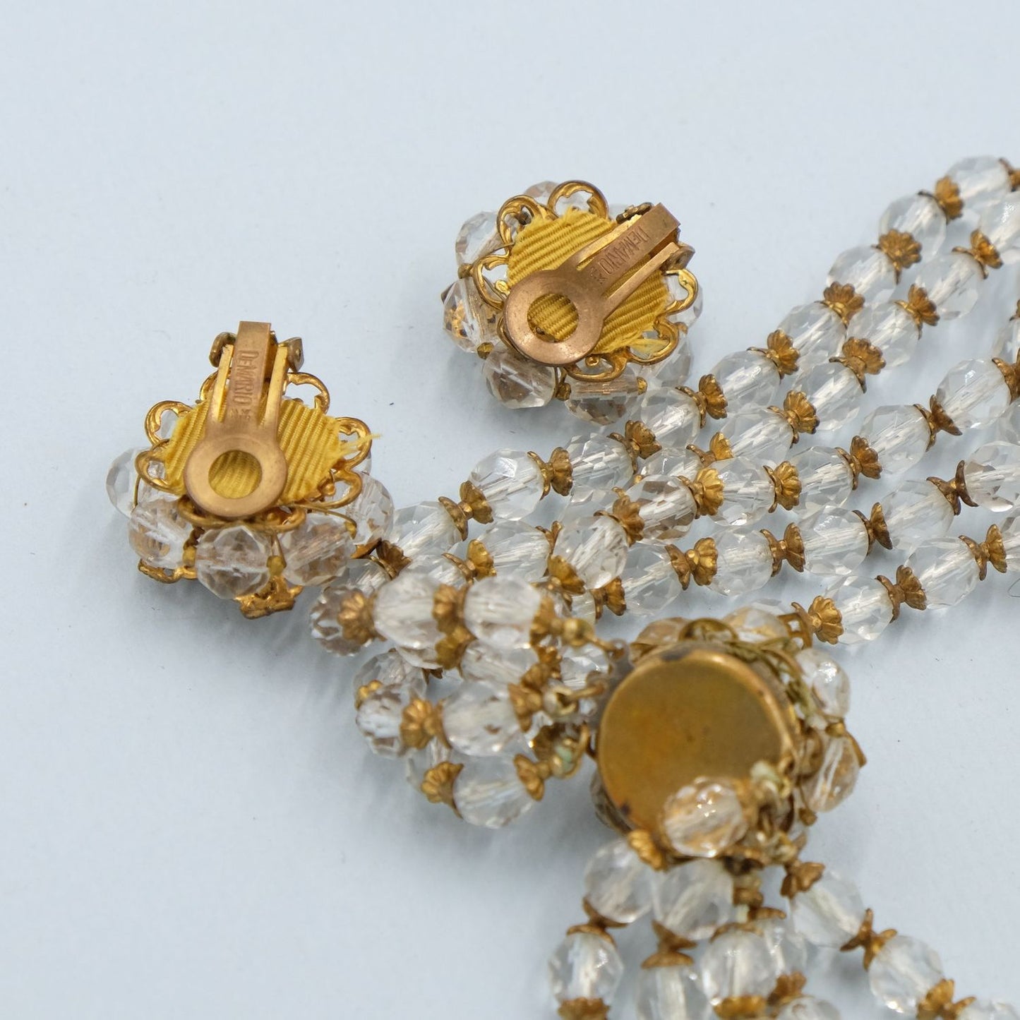 DeMario Multi-strand Clear Necklace and Earrings set 1950s