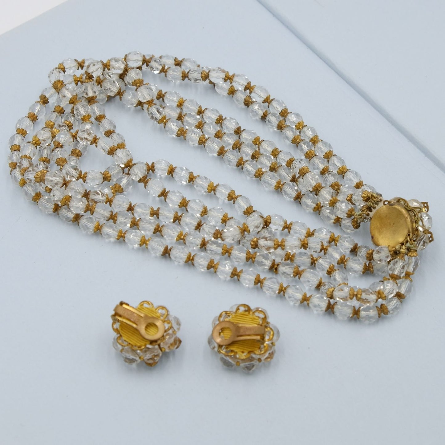 DeMario Multi-strand Clear Necklace and Earrings set 1950s