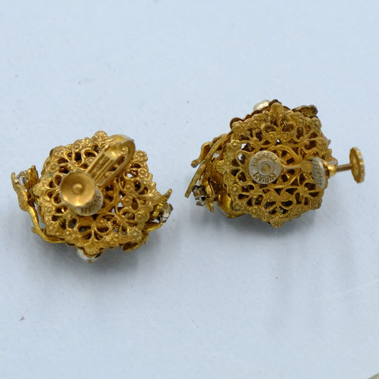 Miriam Haskell Gold Leaves Faux Pearl Earrings 1950s