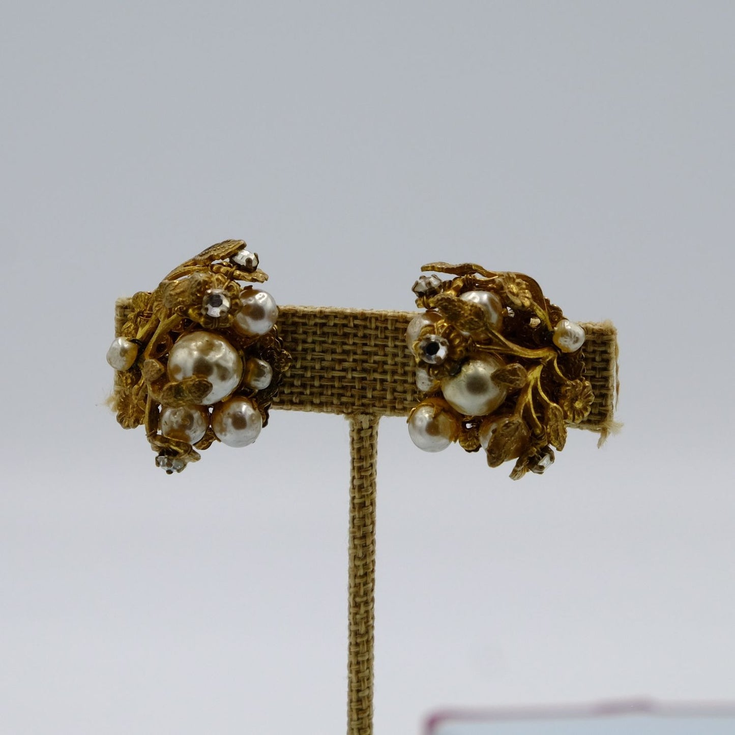 Miriam Haskell Gold Leaves Faux Pearl Earrings 1950s