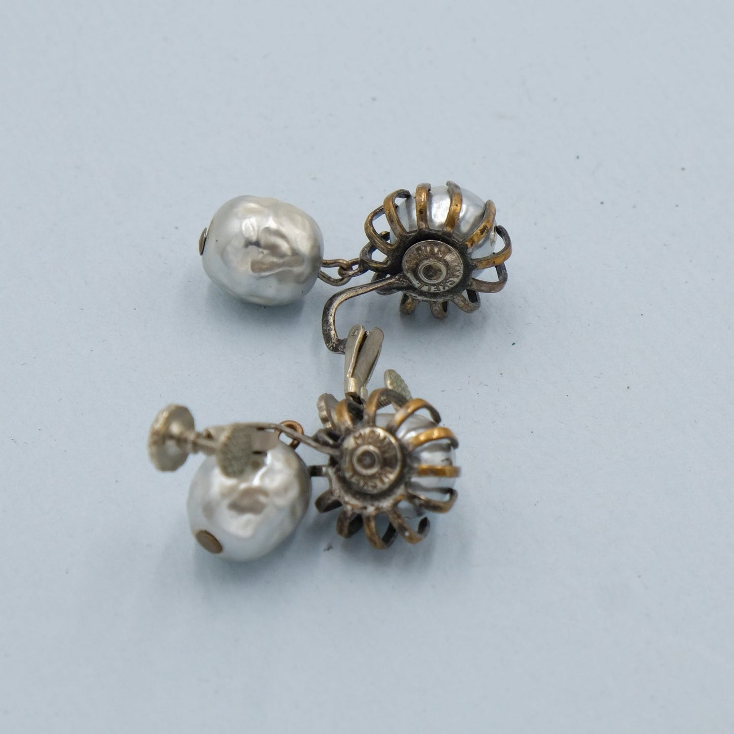 Miriam Haskell Grey Pearl Dangle Earrings 1960s