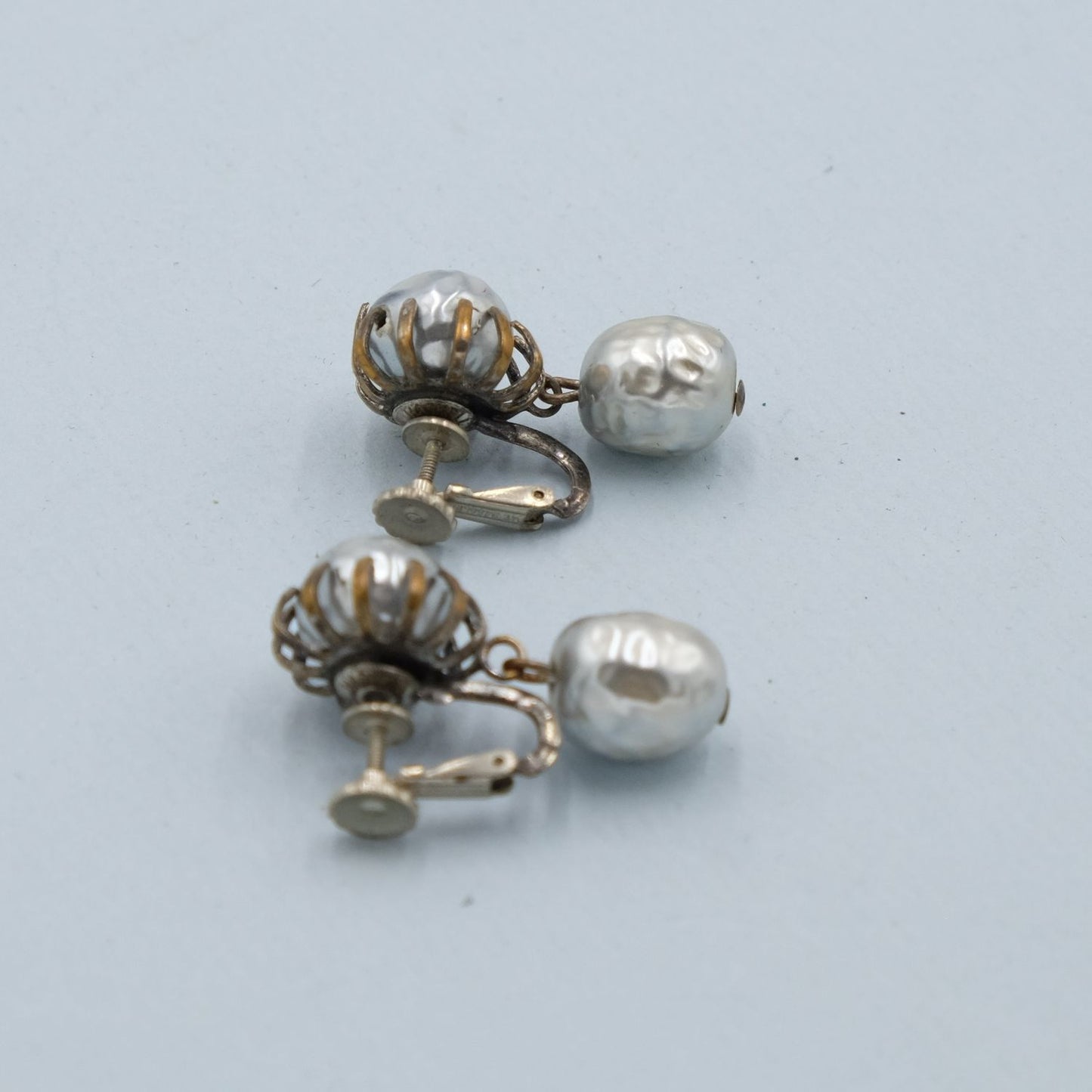 Miriam Haskell Grey Pearl Dangle Earrings 1960s