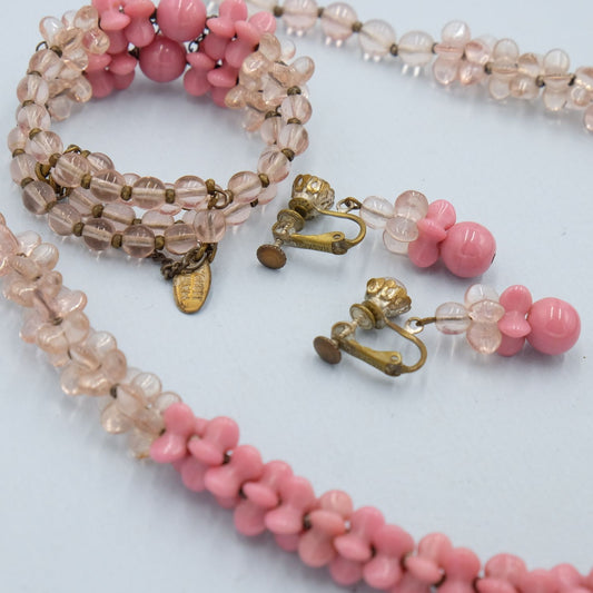 Miriam Haskell Pink Glass Set - Necklace, Bracelet and Earrings 1960s