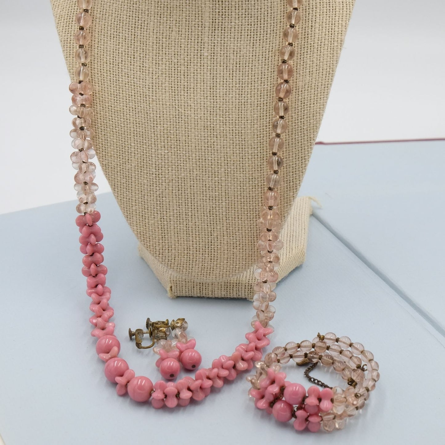 Miriam Haskell Pink Glass Set - Necklace, Bracelet and Earrings 1960s
