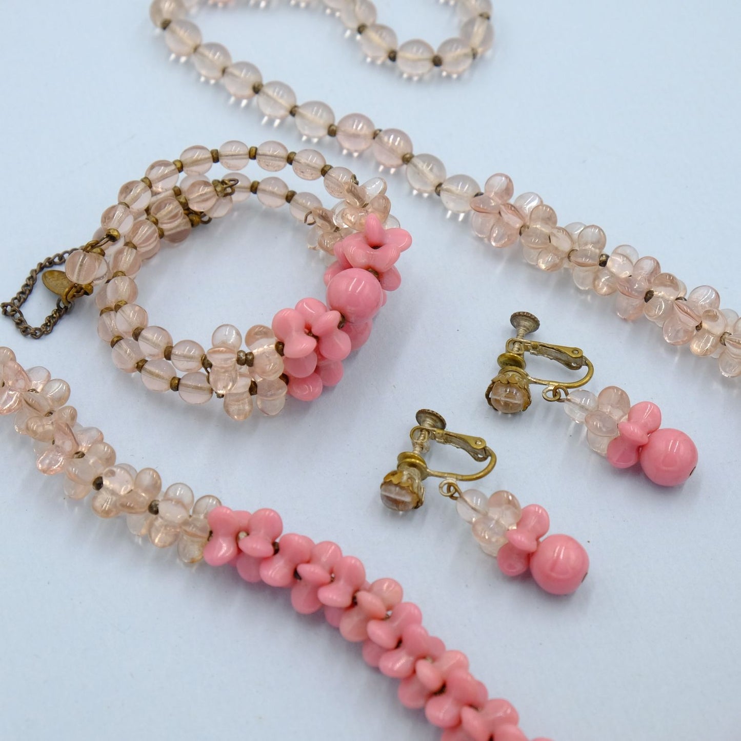 Miriam Haskell Pink Glass Set - Necklace, Bracelet and Earrings 1960s